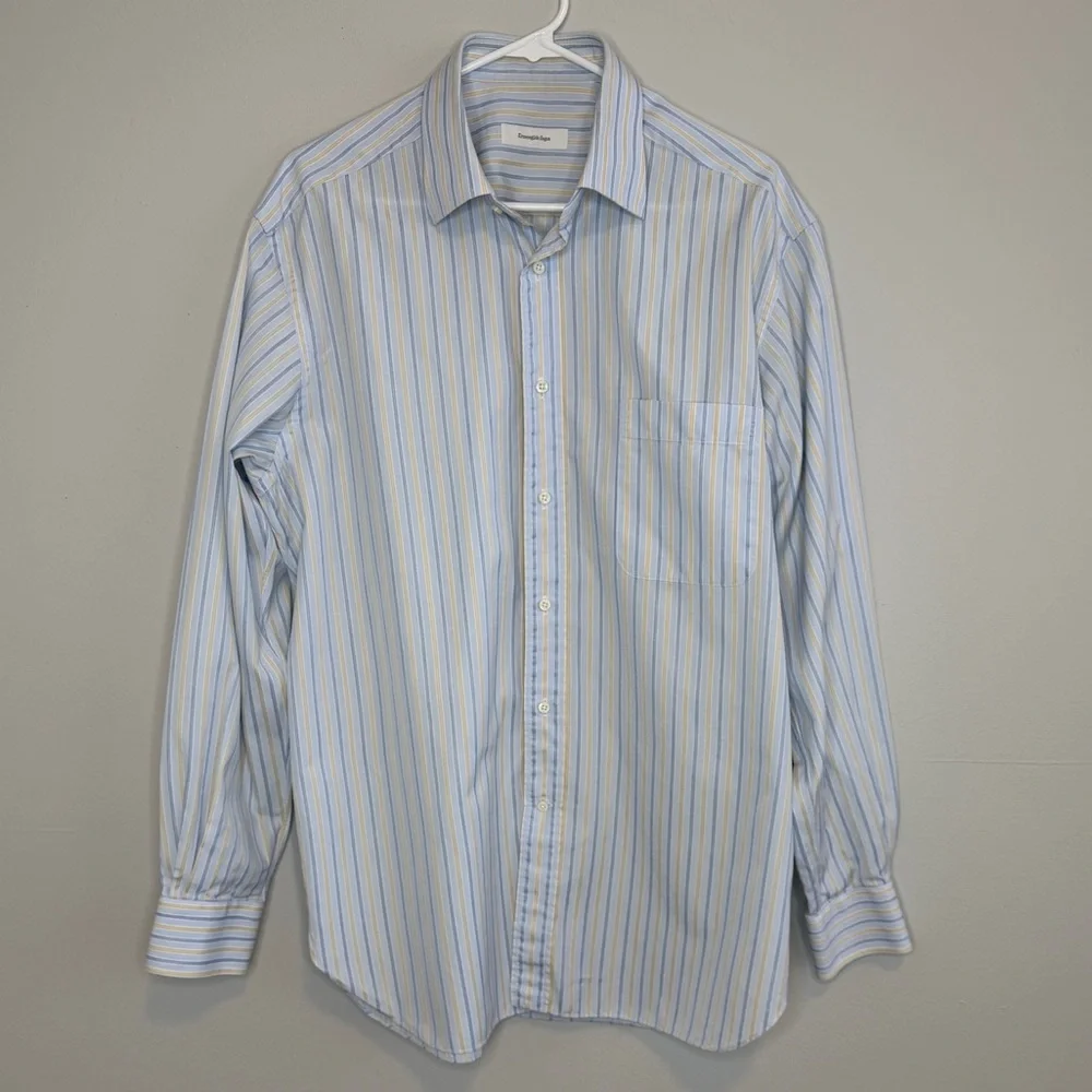 Ermenegildo Zegna Light Blue Yellow Stripe Dress Shirt 16.5 Cotton Portofino - Picture 11 of 11